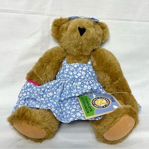 Vermont Teddy Bear Company Jointed Tan Light Brown Bear in Blue Floral Dress